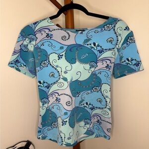 The Attic|| Aqua and Blue Patterned Short Sleeve Tee
